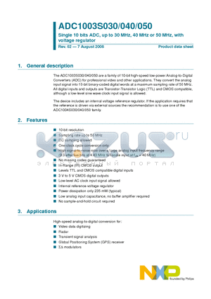 ADC1003S030 datasheet - Single 10 bits ADC, up to 30 MHz, 40 MHz or 50 MHz, with voltage regulator
