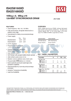 IC42S16800D-7TL datasheet - 16Meg x 8, 8Meg x16 128-MBIT SYNCHRONOUS DRAM