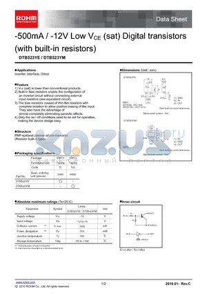 DTB523YE_10 datasheet - -500mA / -12V Low VCE (sat) Digital transistors (with built-in resistors)