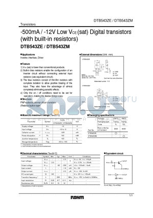 DTB543ZE datasheet - -500mA / -12V Low VCE (sat) Digital transistors (with built-in resistors)