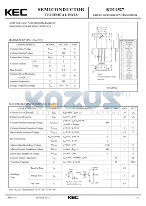 KTC4527 datasheet - TRIPLE DIFFUSED NPN TRANSISTOR (HIGH VOLTAGE AND HIGH RELLABILITY HIGH SPEED SWITCHING, WIDE SOA)