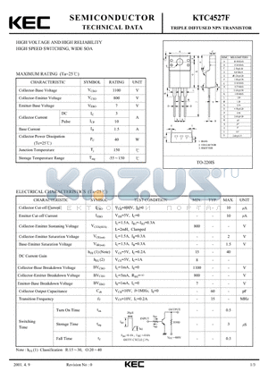 KTC4527F datasheet - TRIPLE DIFFUSED NPN TRANSISTOR (HIGH VOLTAGE AND HIGH RELLABILITY HIGH SPEED SWITCHING, WIDE SOA)