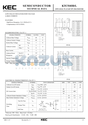 KTC5103D datasheet - EPITAXIAL PLANAR NPN TRANSISTOR (LOW COLLECTOR SATURATION VOLTAGE LARGE CURRENT)