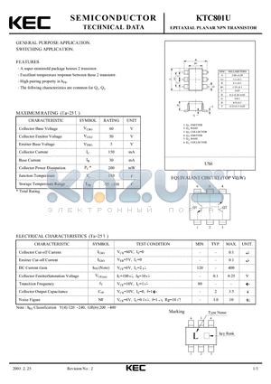 KTC801U datasheet - EPITAXIAL PLANAR NPN TRANSISTOR (GENERAL PURPOSE, SWITCHING)