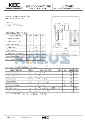 KTC9012 datasheet - EPITAXIAL PLANAR PNP TRANSISTOR (GENERAL PURPOSE, SWITCHING)