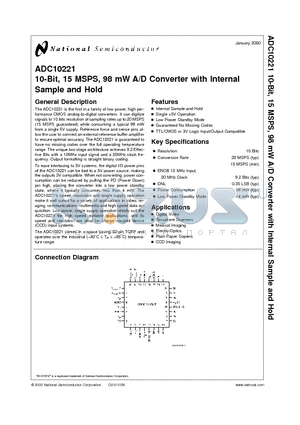 ADC10221 datasheet - 10-Bit, 15 MSPS, 98 mW A/D Converter with Internal Sample and Hold