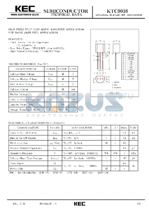 KTC9018 datasheet - EPITAXIAL PLANAR NPN TRANSISTOR (HIGH FREQUENCY LOW NOISE AMPLIFIER, VHF BAND AMPLIFIER)
