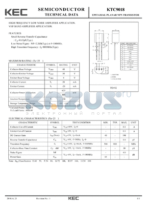 KTC9018 datasheet - EPITAXIAL PLANAR NPN TRANSISTOR