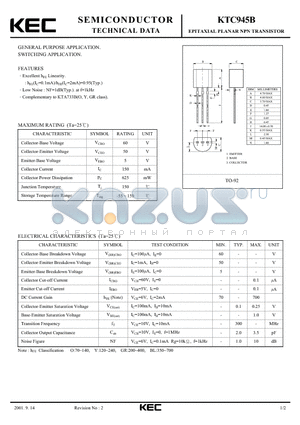 KTC945B datasheet - EPITAXIAL PLANAR NPN TRANSISTOR (GENERAL PURPOSE, SWITCHING)