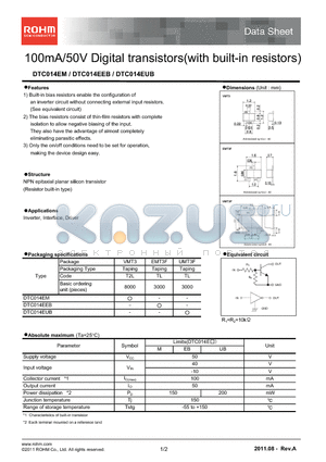 DTC014EUB datasheet - 100mA/50V Digital transistors(with built-in resistors)