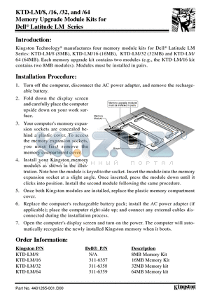 KTD-LM16 datasheet - Memory Upgrade Module Kits for Dell Latitude LM Series