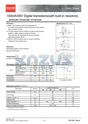 DTC023JUB datasheet - 100mA/50V Digital transistors(with built-in resistors)