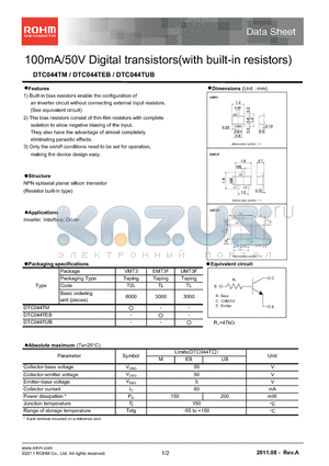 DTC044TM datasheet - 100mA/50V Digital transistors(with built-in resistors)