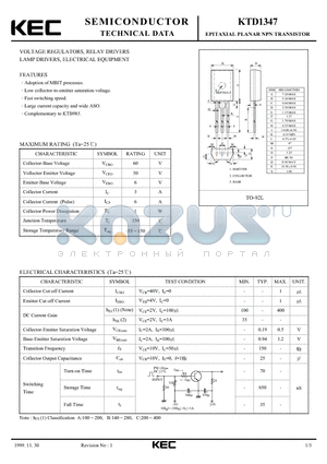 KTD1347 datasheet - EPITAXIAL PLANAR NPN TRANSISTOR (VOLTAGE REGULATOR RELAY DRIVERS LAMP DRIVERS, ELECTRICAL EQUIPMENT)