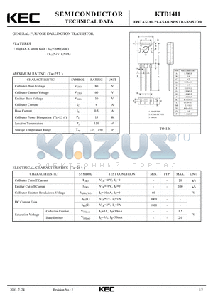 KTD1411 datasheet - EPITAXIAL PLANAR NPN TRANSISTOR (GENERAL PURPOSE DARLINGTON)