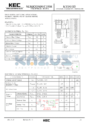 KTD1413 datasheet - EPITAXIAL PLANAR NPN TRANSISTOR (HIGH POWER SWITCHING, HAMMER DRIVER, PULSE MOTOR DRIVER)