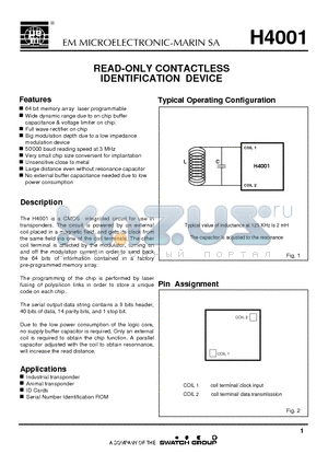 H40018P datasheet - READ-ONLY CONTACTLESS IDENTIFICATION DEVICE