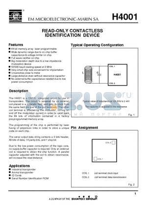 H4001PCB datasheet - READ-ONLY CONTACTLESS IDENTIFICATION DEVICE