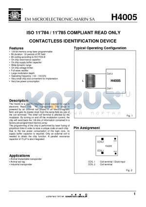 H4005 datasheet - ISO 11 784 / 11 785 COMPLIANT READ ONLY CONTACTLESS IDENTIFICATION DEVICE