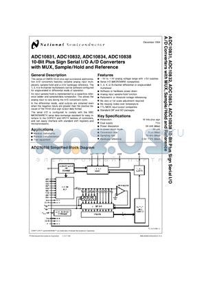 ADC10831 datasheet - 10-Bit Plus Sign Serial I/O A/D Converters with MUX, Sample/Hold and Reference