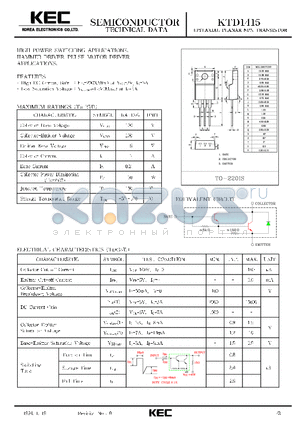 KTD1415 datasheet - EPITAXIAL PLANAR NPN TRANSISTOR (HIGH POWER SWITCHING, HAMMER DRIVER, PULSE MOTOR DRIVER)