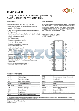 IC42S8200-7TI datasheet - 1Meg x 8 Bits x 2 Banks (16-MBIT) SYNCHRONOUS DYNAMIC RAM