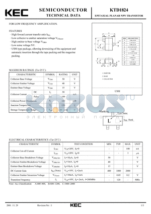 KTD1824 datasheet - EPITAXIAL PLANAR NPN TRANSISTOR (FOR LOW-FREQUENCY AMPLIFICATION)