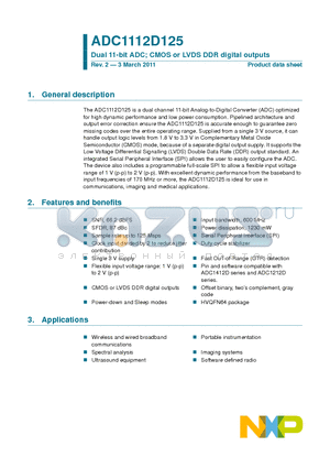 ADC1112D125 datasheet - Dual 11-bit ADC; CMOS or LVDS DDR digital outputs