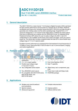 ADC1113D125 datasheet - Dual 11-bit ADC; serial JESD204A interface