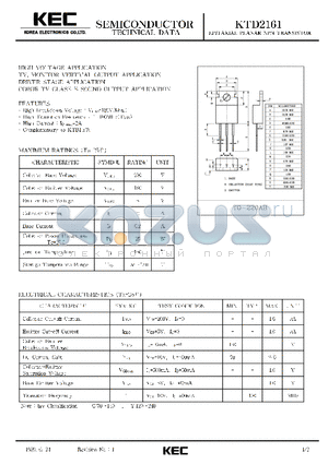 KTD2161 datasheet - EPITAXIAL PLANAR NPN TRANSISTOR (HIGH VOLTAGE TV, MONITOR VERTICAL OUTPUT, DRIVER STAGE, COLOR TV CLASS B SOUND OUTPUT)