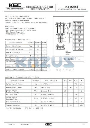 KTD2061 datasheet - EPITAXIAL PLANAR NPN TRANSISTOR (HIGH VOLTAGE TV, MONITOR VERTICAL OUTPUT, DRIVER STAGE, COLOR TV CLASS B SOUND OUTPUT)