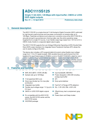 ADC1115S125 datasheet - Single 11-bit ADC; 125 Msps with input buffer; CMOS or LVDS DDR digital outputs