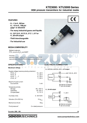 KTE3001GQ0 datasheet - OEM pressure transmitters for industrial media