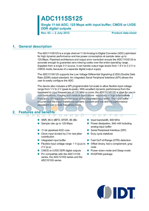 ADC1115S125HN-C1 datasheet - Single 11-bit ADC; 125 Msps with input buffer; CMOS or LVDS DDR digital outputs