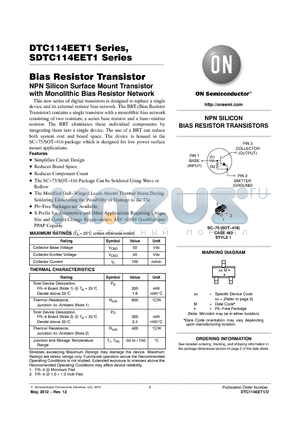 DTC114EET1 datasheet - Bias Resistor Transistor NPN Silicon Surface Mount Transistor with Monolithic Bias Resistor Network