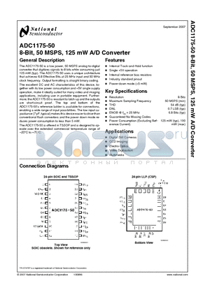 ADC1175-50CILQ datasheet - 8-Bit, 50 MSPS, 125 mW A/D Converter