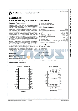 ADC1175-50 datasheet - 8-Bit, 50 MSPS, 125 mW A/D Converter