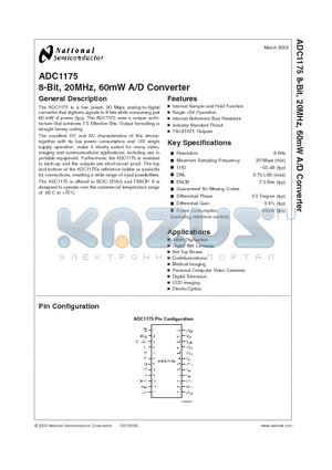ADC1175CIMTC datasheet - 8-Bit, 20MHz, 60mW A/D Converter