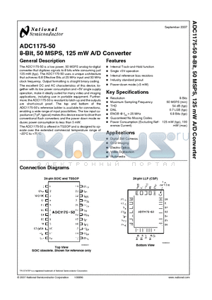 ADC1175-50CIJM datasheet - 8-Bit, 50 MSPS, 125 mW A/D Converter