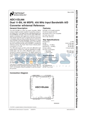 ADC11DL066 datasheet - Dual 11-Bit, 66 MSPS, 450 MHz Input Bandwidth A/D Converter w/Internal Reference