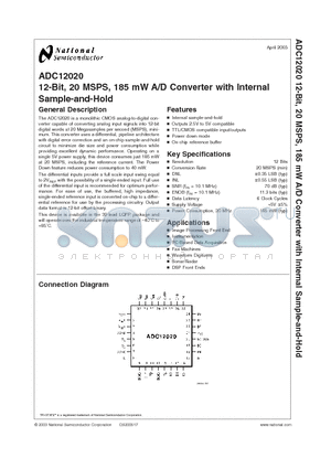 ADC12020CIVY datasheet - 12-Bit, 20 MSPS, 185 mW A/D Converter with Internal Sample-and-Hold
