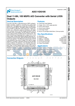 ADC11DS105CISQ datasheet - Dual 11-Bit, 105 MSPS A/D Converter with Serial LVDS Outputs