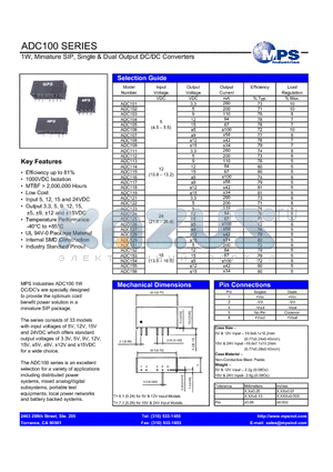 ADC113 datasheet - 1W, Miniature SIP, Single & Dual Output DC/DC Converters