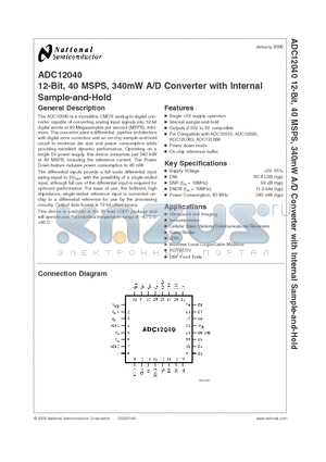 ADC12040CIVYX datasheet - 12-Bit, 40 MSPS, 340mW A/D Converter with Internal Sample-and-Hold