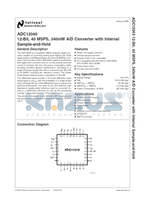 ADC12040 datasheet - 12-Bit, 40 MSPS, 340mW A/D Converter with Internal Sample-and-Hold