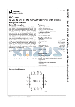 ADC12040CIVY datasheet - 12-Bit, 40 MSPS, 340 mW A/D Converter with Internal Sample-and-Hold