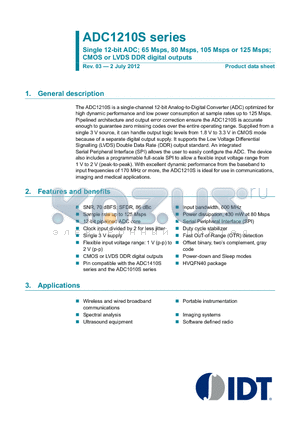 ADC1210S080HN-C1 datasheet - Single 12-bit ADC; 65 Msps, 80 Msps, 105 Msps or 125 Msps; CMOS or LVDS DDR digital outputs