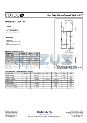 LO566TBG4-60H-A1 datasheet - Ultra Bright Blue−Green Elliptical LED