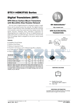 DTC114TM3T5G datasheet - Digital Transistors (BRT) NPN Silicon Surface Mount Transistors with Monolithic Bias Resistor Network