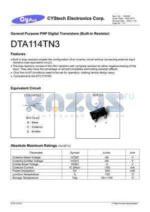 DTC114TN3 datasheet - General Purpose PNP Digital Transistors (Built-in Resistor)